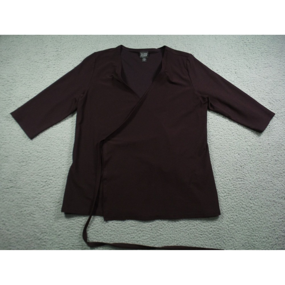 Eileen Fisher Top Womens Size Petite Large Maroon Wrap V-Neck 3/4 Sleeve Stretch